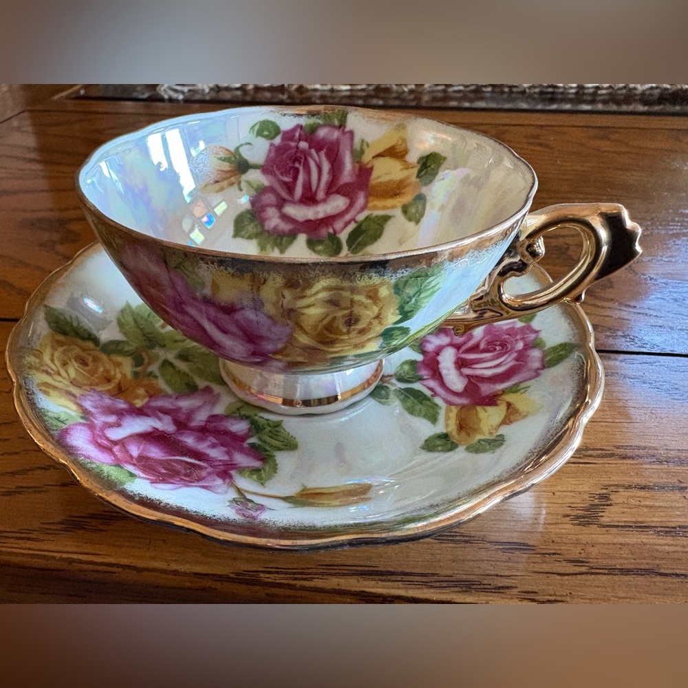 Vintage Floral Teacup and Saucer with Gold Accents